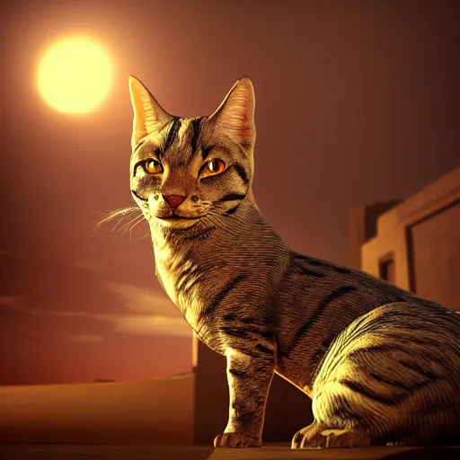 Image similar to egyptian cat, golden hour, fantasy, sharp focus, digital art, hyper realistic, 4 k, unreal engine, highly detailed, hd, dramatic lighting by brom, trending on artstation