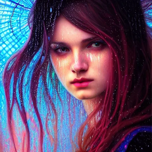 Image similar to bright asthetic portrait LSD glowing backlit rain on face and wet hair, fantasy, intricate, elegant, dramatic lighting, highly detailed, lifelike, photorealistic, digital painting, artstation, illustration, concept art, smooth, sharp focus, art by John Collier and Albert Aublet and Krenz Cushart and Artem Demura and Alphonse Mucha