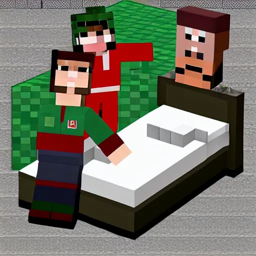 Image similar to Do Kim Jong un and Steve in minecraft bed