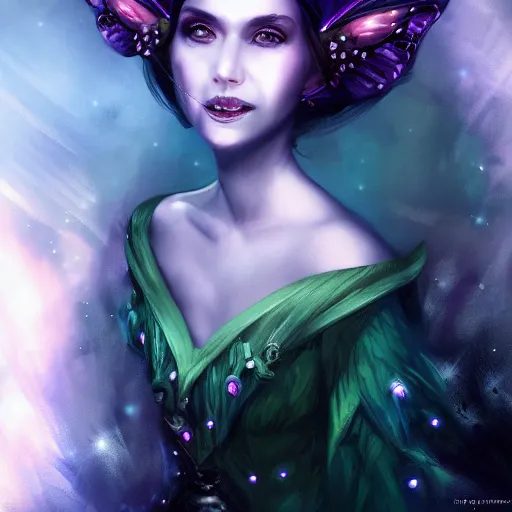 Image similar to detailed portrait of a dark fairy queen, crown, nebula wings, smiling, realism, pale blue, emerald, galaxy, sapphire,dark purple crown,leaves, moonlit, dark fantasy, dramatic lighting, cgsociety, artstation