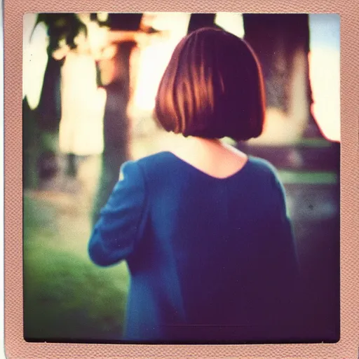 Image similar to polaroid of clara oswald looking over her shoulder, color 3 5 mm