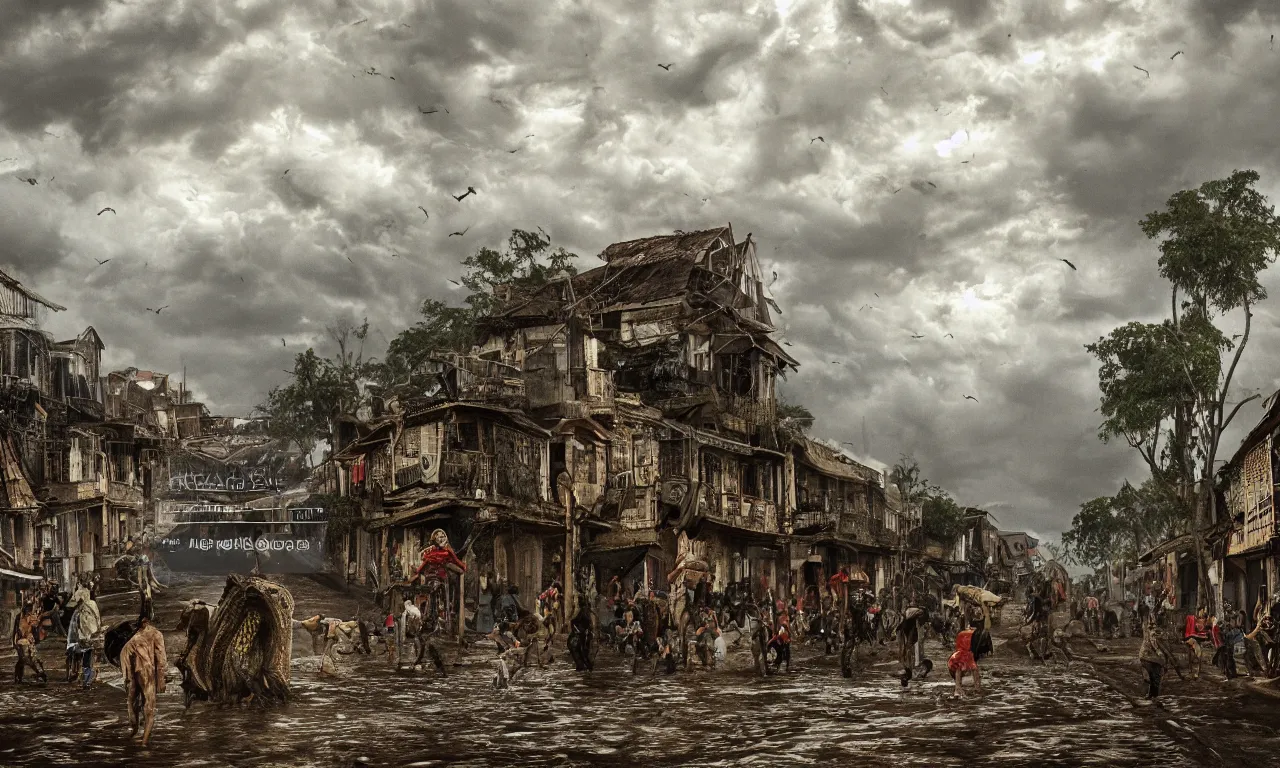 Image similar to a scary gigantic monster on the floor that looks like a mixture of monk-fish with crocodile limbs, wet and slimy, with a very large mouth, dragging its enormous weight with effort on the street, is on the street of Jamestown in Santa Elena in 1815 there are some people fleeing in terror, photo-realistic, stormy sky, photo by national geographical