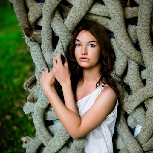 Image similar to , a girl covered in vines sitting on a rock 5 0 mm lens, f 1. 4, sharp focus, ethereal, emotionally evoking, head in focus, volumetric lighting, blur dreamy outdoor,