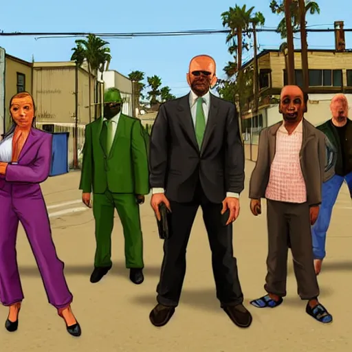 Prompt: all the gta characters meeting up in grove street