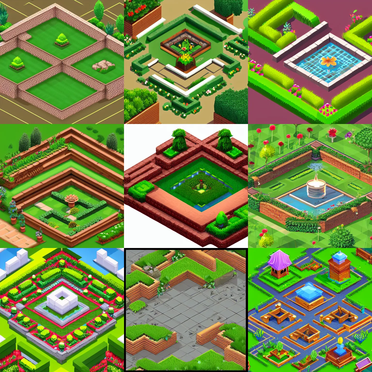 Prompt: isometric garden, top quality, extreme details, symmetric, straight edges, aaa game asset