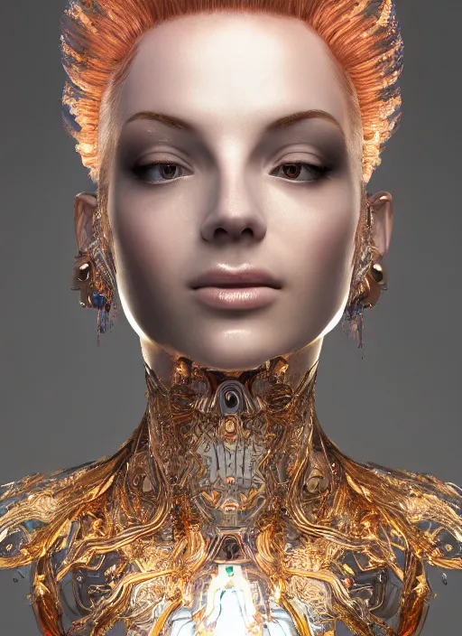 Image similar to beauteous practical sumptuous tattood beautiful face, crystal, gold, copper, bronze biomechanical with incredible iridescent pearlescent voluminous neon hair, crystalline masterpiece incrustations, hyperdetailed face, elegant pose, movie still, intricate, octane render, cinematic forest lighting, unreal engine, crepuscular rays, god rays