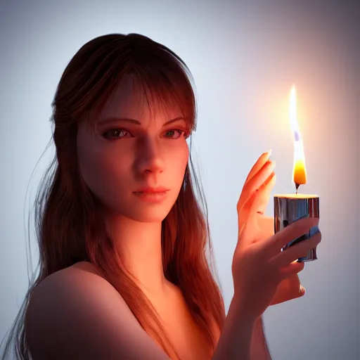 Image similar to portrait of a feminine young woman holding a lit candle, fragile, soft, vray, hyperdetailed, 3d character, game character