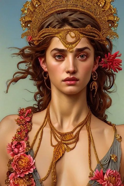 Image similar to body portrait of beautiful greek goddess, wearing an ornate toga with intricate floral patterns, by terry o'neill intricate, elegant, highly detailed, digital painting, glistening skin, artstation, concept art, smooth, sharp focus, bold lighting, illustration, art by artgerm and greg rutkowski and alphonse mucha, 8 k