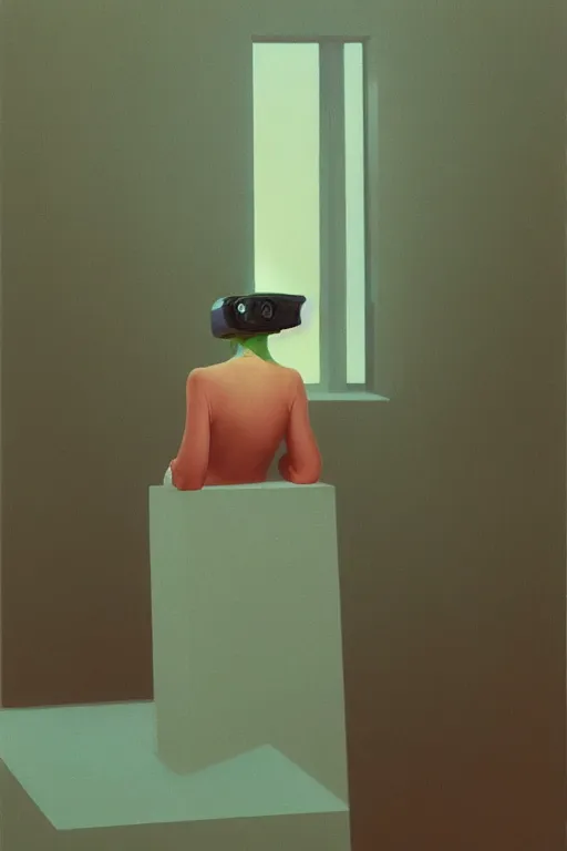 Image similar to woman wearing oculus and digital glitch head edward hopper and james gilleard, zdzislaw beksisnski, higly detailed