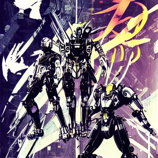 Image similar to the robot brothers orion and sirius, the ego and the id, the form and the function, the bird and the wolf, both were disconnected from the simulation by a human virus, game poster by yoji shinkawa