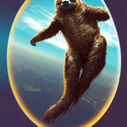 Image similar to detailed science - fiction character portrait of a sloth skydiving, wild, highly detailed, digital painting, artstation, concept art, smooth, sharp focus, illustration, art by artgerm and greg rutkowski and alphonse mucha