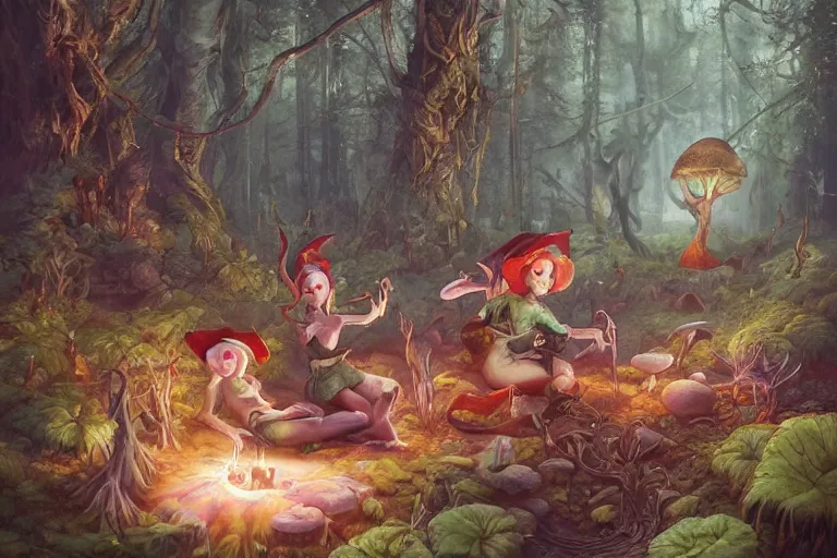 Prompt: detailed painting of elfs in the moosy forest clearing drinking mushroom nectar, in the style of peter mohrbacher, james jean, artgerm, dramatic lighting and composition, surreal background, octane render, pixar, trending on artstation, concept art, comic book, 8 k