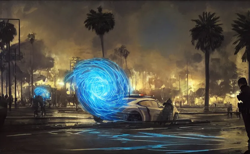 Image similar to people with posters attacking cops, a huge blue spiral - shaped white luminous attractor is floating on the horizon near the sun, stores in los angeles with light screens all over the street, concept art, art for the game, professional lighting, dark night lighting from streetlights, by ilya repin