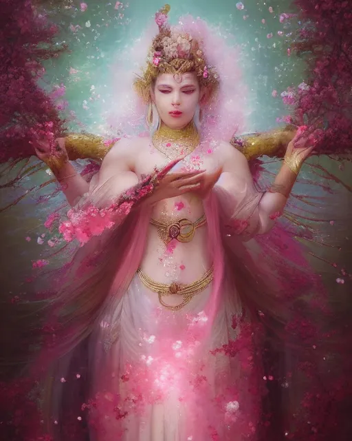 Image similar to Full View Portrait Mystical ethereal Cherry blossom deity wearing beautiful dress, Sakura Dryad made of Sakura beautiful dress, 4k digital masterpiece by Greg Rutkowski and Ruan Jia and rossdraws, Alberto Seveso, fantasycore, Hyperdetailed, realistic oil on linen, soft lighting, Iconography background, featured on Artstation