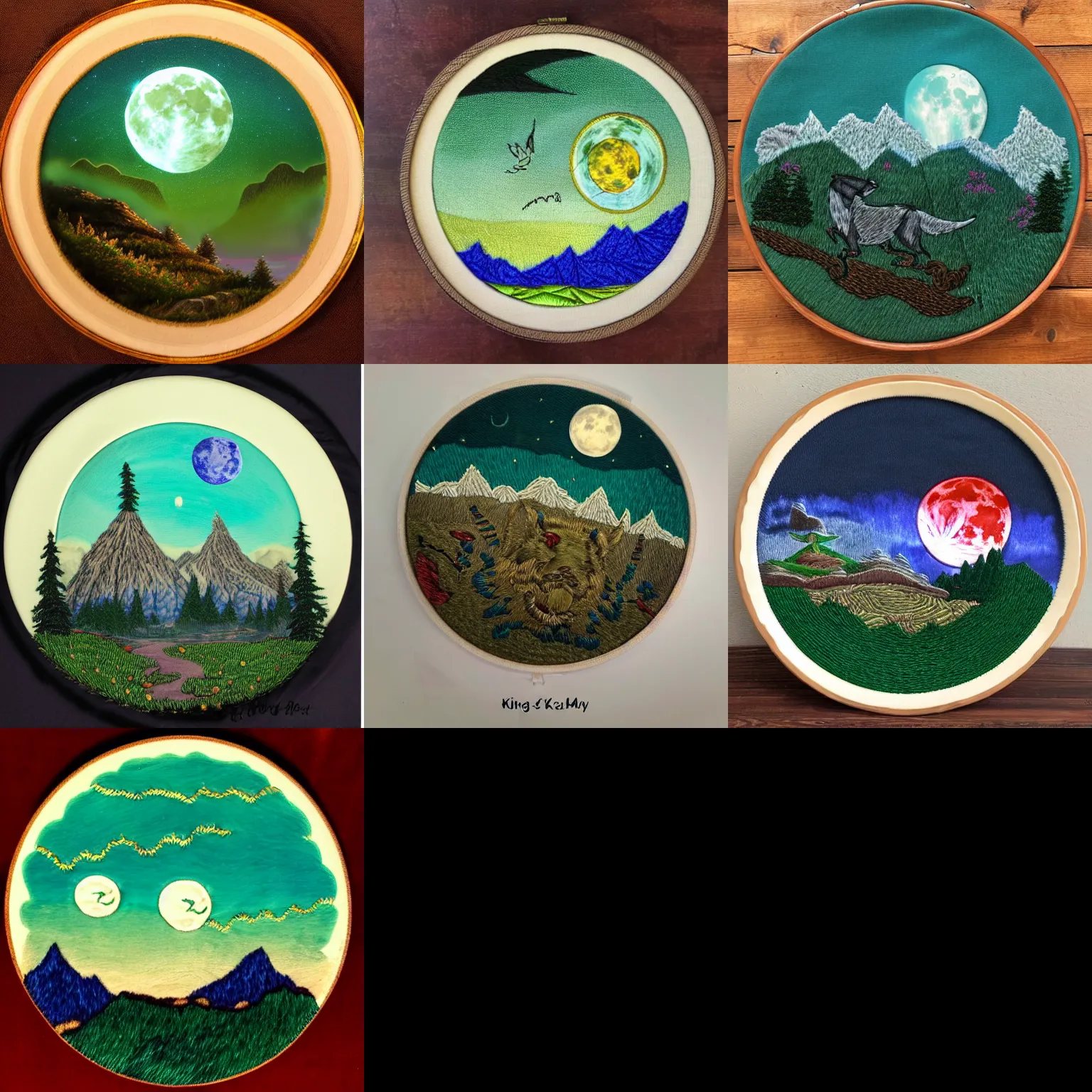 Prompt: king in embroided full plate,fantasy art,green sky,full moon,mountains in the distance, 10 moons