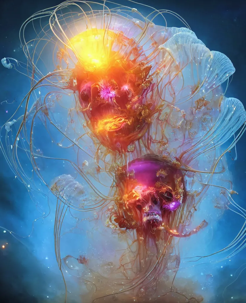 Image similar to close-up portrait of the face of a beautiful princess in a twisted flowers jellyfish mask in a spaceman suit surrounded by energy flow, epic angle and pose, symmetrical artwork, 3d with depth of field, blurred background, floating jellyfish skull phoenix bird, translucent, nautilus, energy flows of water and fire. a highly detailed epic cinematic concept art CG render. made in Maya, Blender and Photoshop, octane render, excellent composition, cinematic dystopian brutalist atmosphere, dynamic dramatic cinematic lighting, aesthetic, very inspirational, arthouse. y Greg Rutkowski, Ilya Kuvshinov, WLOP, Stanley Artgerm Lau, Ruan Jia and Fenghua Zhong