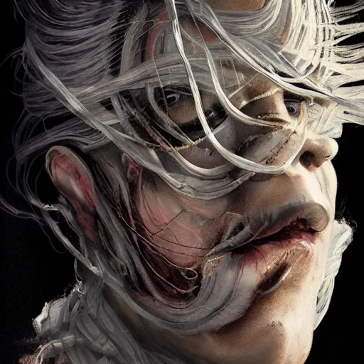 Image similar to portrait of a Shibari rope wrapped face and neck, headshot, insanely nice professional hair style, dramatic hair color, digital painting, of a old 15th century, old cyborg merchant, amber jewels, baroque, ornate clothing, scifi, realistic, hyperdetailed, chiaroscuro, concept art, art by Franz Hals and Jon Foster and Ayami Kojima and Amano and Karol Bak,