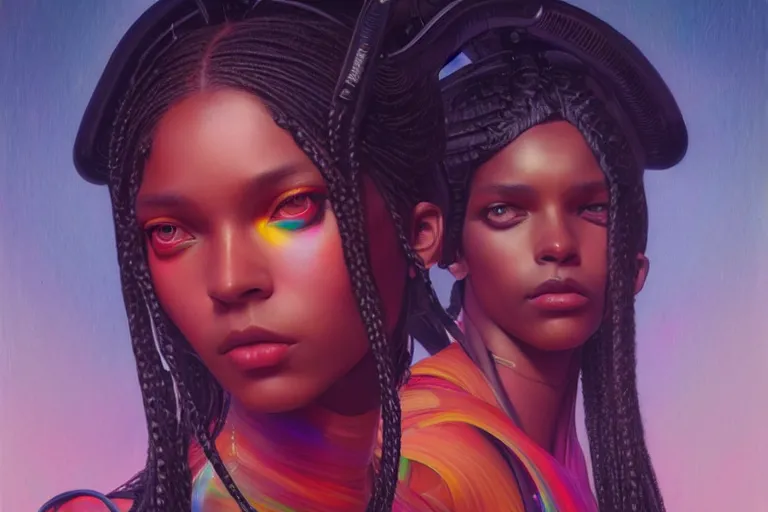 Prompt: patron saint of 🛸🌈👩🏾, long braids, futuristic clothing, neon god of city character portrait, in the style of moebius, tom bagshaw, and waterhouse, cinematic lighting, beautiful, elegant, sharp focus, oil painting, stunning anime eyes