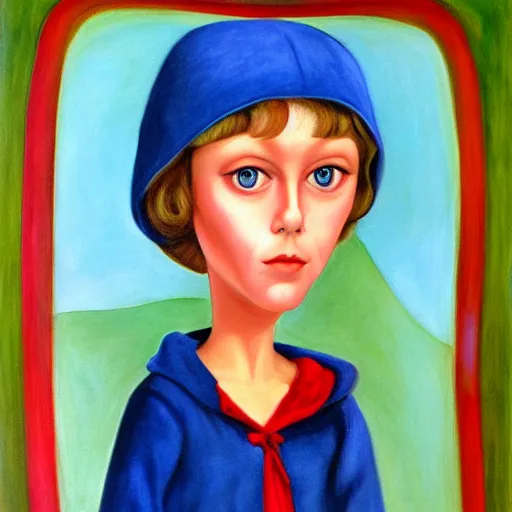 Prompt: margaret keane oil on canvas, little red riding hood, full body portrait