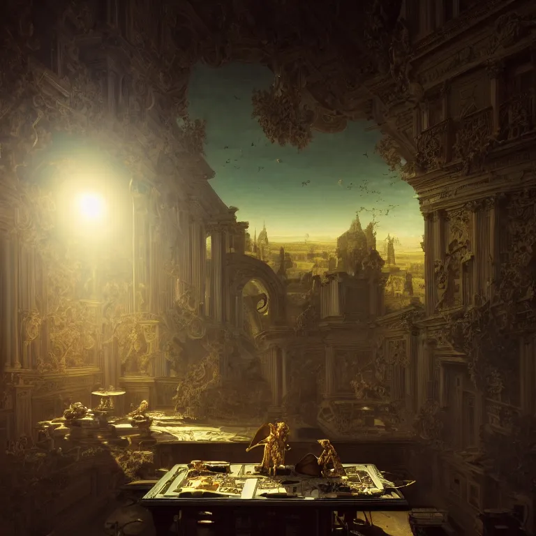 Image similar to motherboard, chip circuit, computer, dream-like atmosphere, baroque landscape painting, perfect composition, beautiful detailed intricate insanely detailed octane render trending on Artstation, 8K artistic photography, photorealistic, soft natural volumetric cinematic perfect light, chiaroscuro, award-winning photograph, masterpiece, Raphael, Caravaggio, Greg Rutkowski, Beeple