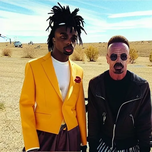 Image similar to “Playboi Carti with Walter white on the set of breaking bad”