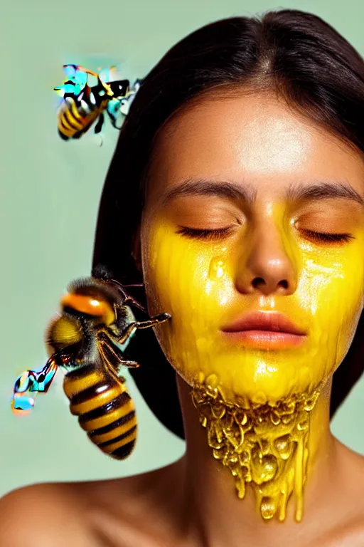 Prompt: The face of a beautiful girl with honey dripping down her face with bees clinging to it. yellow and dark shades. Close-up portrait in profile