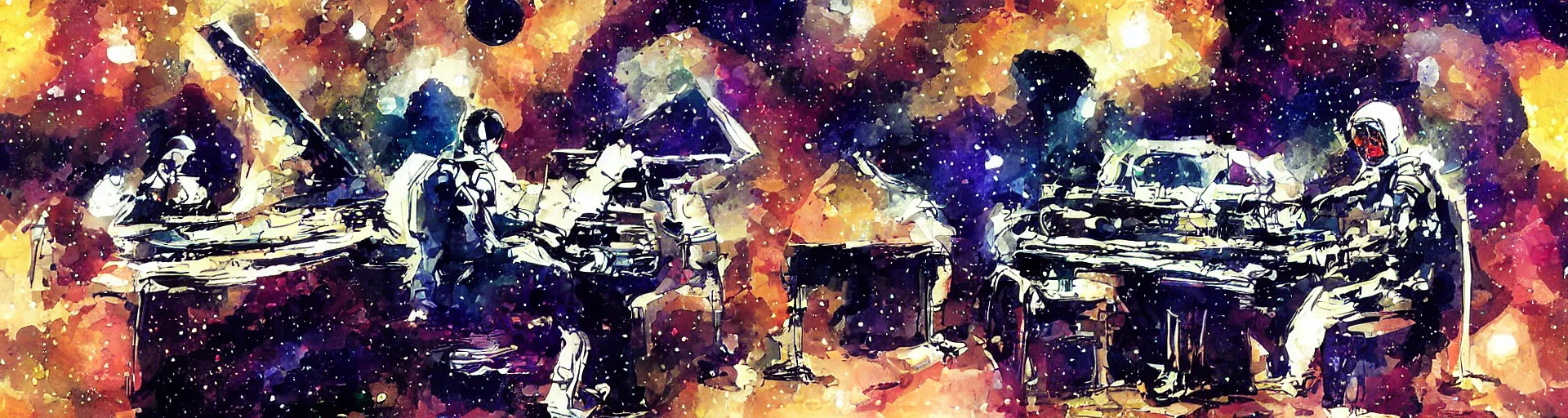 Image similar to an astronaut playing piano in the space, digital painting, digital art, bill sienkiewicz