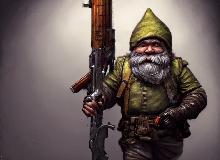 Prompt: a gnome in escape from tarkov, dressed as a scavenger, carrying a mosin - nagant, cosmic horror painting, elegant intricate digital painting artstation concept art by mark brooks and brad kunkle extreme detail 4 k