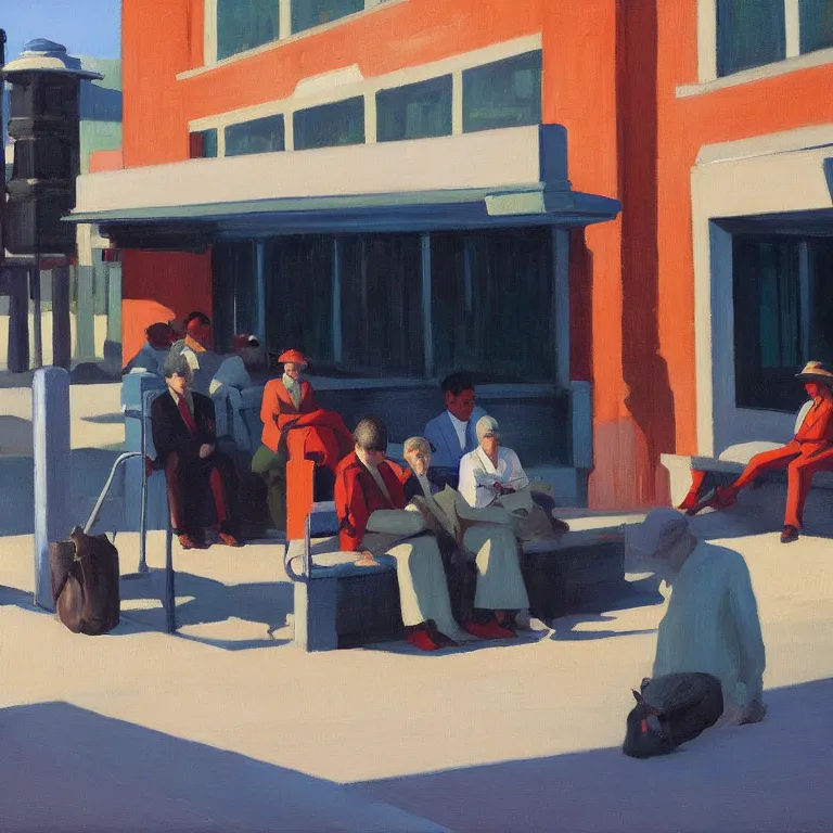 Prompt: a few people waiting at a bus stop in a quiet downtown, painted by Edward Hopper and James Gilleard, oil painting