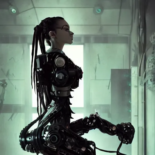 Image similar to epic photograph. Tokyo 2094. cyberpunk vampire girl, Army exoskeleton fashion, Robotic mech parts, Eye shine. dreadlocks, model standing, rim light, fill light. Studio, solid color background. Octane render, hyper-realistic, 8K, art photography, denoised photorealistic render, insanely detailed intricateby charlie bowater, mandy jurgens, gustav klimt, octane render, 4k, high detail, by tom bagshaw, powerful