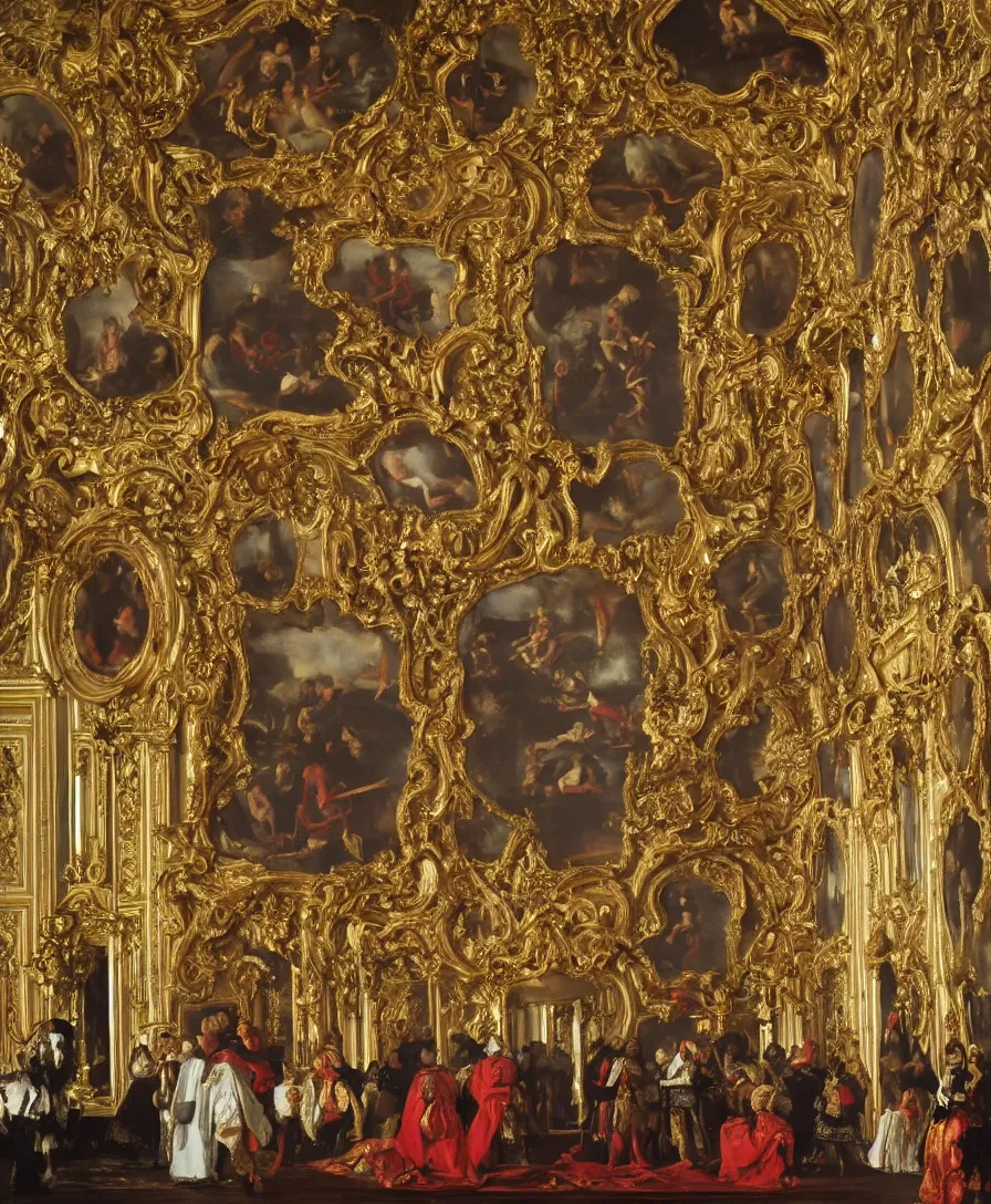 Image similar to fine art, oil on canvas baroque style by diego velasquez. the interior of the palace of versailles in france. fine art in the walls and