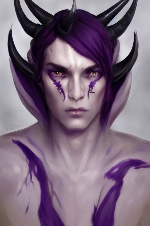 Prompt: djinn demon hybrid, portrait, concept art, full body purple and white cloak, illustration, costume design, white horns, editorial photo, fashion, hyperrealism, realism, trending on artstation, Charlie Bowater, WLOP