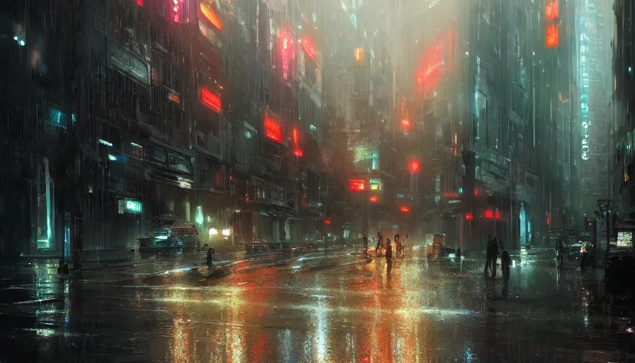 Prompt: city street of distant future 3 0 th century in early evening by laser lights during rain, shadows, reflections, epic composition, intricate, elegant, volumetric lighting, digital painting, highly detailed, artstation, sharp focus, illustration, concept art, ruan jia, steve mccurry