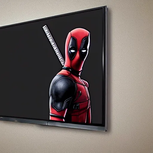 Image similar to deadpool trying to break into your room through the tv screen