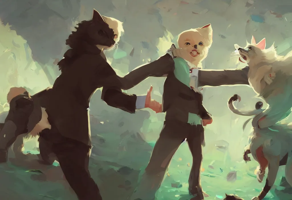 Prompt: portrait of joe biden shaking hand with a cute catgirl, epic debates, presidental elections candidates, cnn, fox news, fantasy, by atey ghailan, by greg rutkowski, by greg tocchini, by james gilleard, by joe gb fenton, dynamic lighting, gradient light green, brown, blonde cream, salad and white colors in scheme, grunge aesthetic