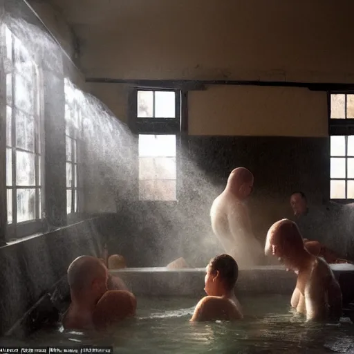 Prompt: People washing each other in a co-ed Russian banya, wet, steam, steamy, bathhouse, dimly lit, diffuse god rays coming from the windows