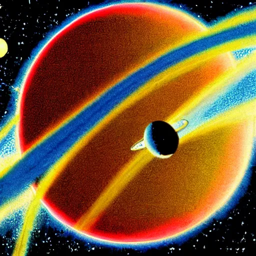 Image similar to nasa spacecraft entering the atmosphere of a planet, 1 9 7 0 s illustration, saturated colors