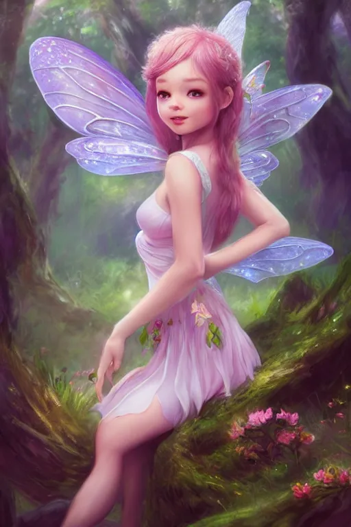 Image similar to a cute fairy in the dreamy forest, fantasy, 8 k resolution, hyper detailed, d & d, character design, digital painting, trending on artstation, sharp focus, illustration, art by artgerm, steve zheng, fuji choko, viktoria gavrilenko, hoang lap