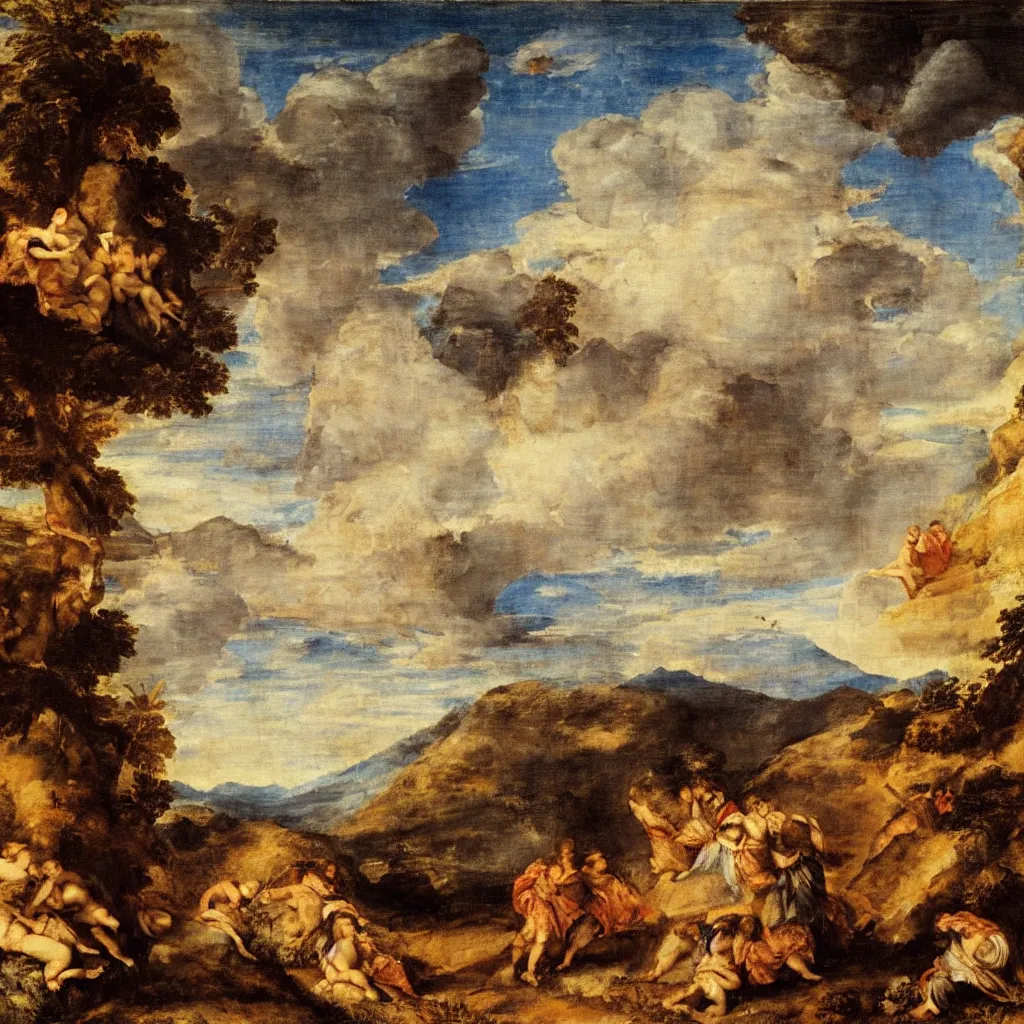 Prompt: a Titian painting of a scene inside of a on old temple with a sky and mountains with clouds in the background