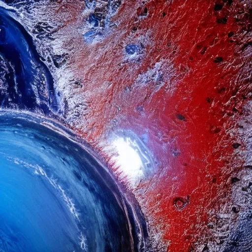 Image similar to a picture of planet earth, circular planet, taken from orbit, dark blue planet, red narrow lava rivers, astronomical imaging