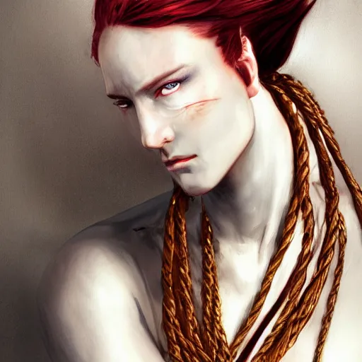 Image similar to portrait of a Shibari rope wrapped face and neck, headshot, insanely nice professional hair style, dramatic hair color, digital painting, of a old 15th century, old cyborg merchant, amber jewels, baroque, ornate clothing, scifi, realistic, hyperdetailed, chiaroscuro, concept art, art by Franz Hals and Jon Foster and Ayami Kojima and Amano and Karol Bak,