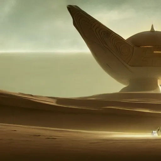 Prompt: giant mothership spacecraft, dune style, denis villeneuve