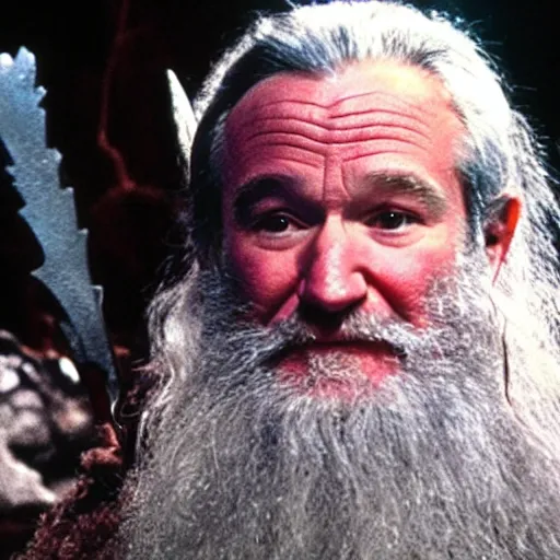 Prompt: Robin Williams playing Gandalf in Lord-of-the-Rings, screenshot