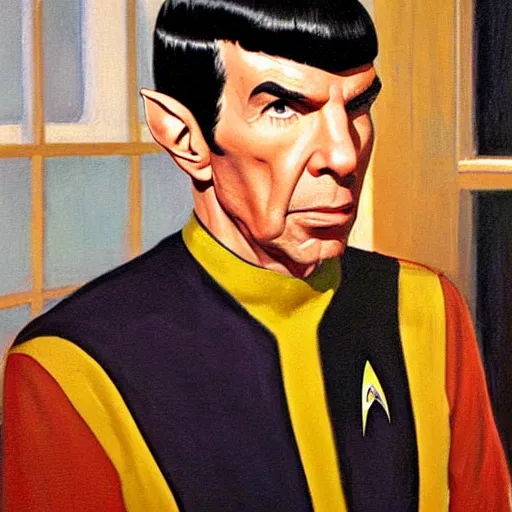 Image similar to spock ( leonard nimoy ), the vulcan officer from star trek on the bridge of the enterprise. oil painting in the style of edward hopper and ilya repin. detailed and realistic.