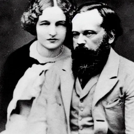 Image similar to Karl Marx and Ayn Rand, wedding photo, 1920, church backround