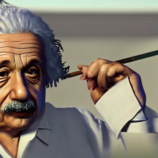 Image similar to albert einstein smoking a blunt, gta artstyle, wide shot, dramatic lighting, octane render, hyperrealistic, high quality, HD, cinematic