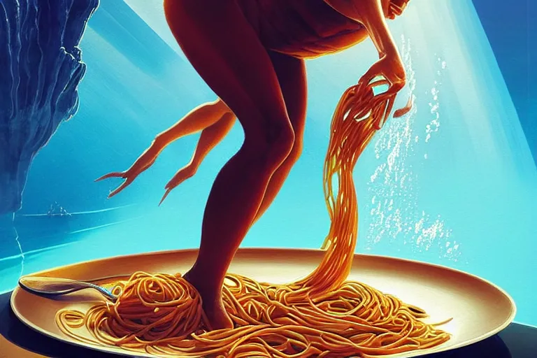 Prompt: olympic diver is diving into a dish of pasta, splash, art deco intricate ripples, fantasy, elegant, highly detailed, sharp focus, art by artgerm and beeple and greg rutkowski and wlop