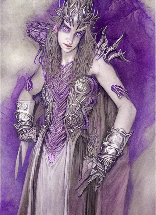 Image similar to portrait of young female prophetess of the endtimes, transluscent skin, silver filigreed armor, lavender hair, beautiful! coherent! dungeons and dragons character, by brian froud, strong line, cool night color, high contrast