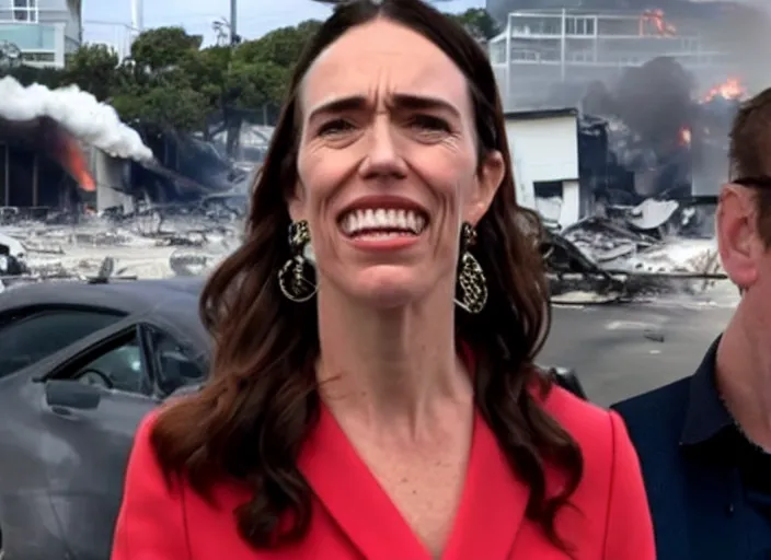 Prompt: Jacinda Ardern smiling to camera in a news report, as buildings are burning and people are looting in the background.