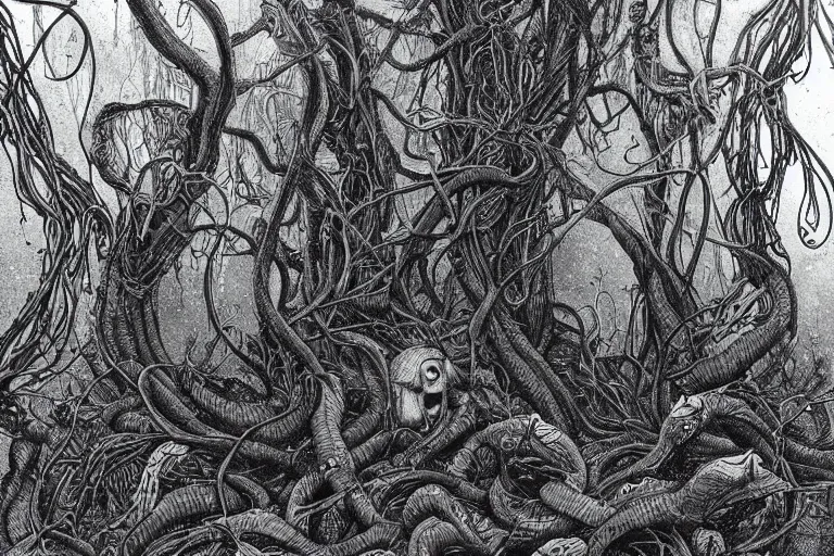 Prompt: an eerie insanely detailed forest of the soul, eyes of strange creatures hiding in the dark waiting to devour, snakes and vines and cobwebs and old trees, a glimpse of hope, ink and ballpoint, inspired by claire scully and evan cagle and simon prades